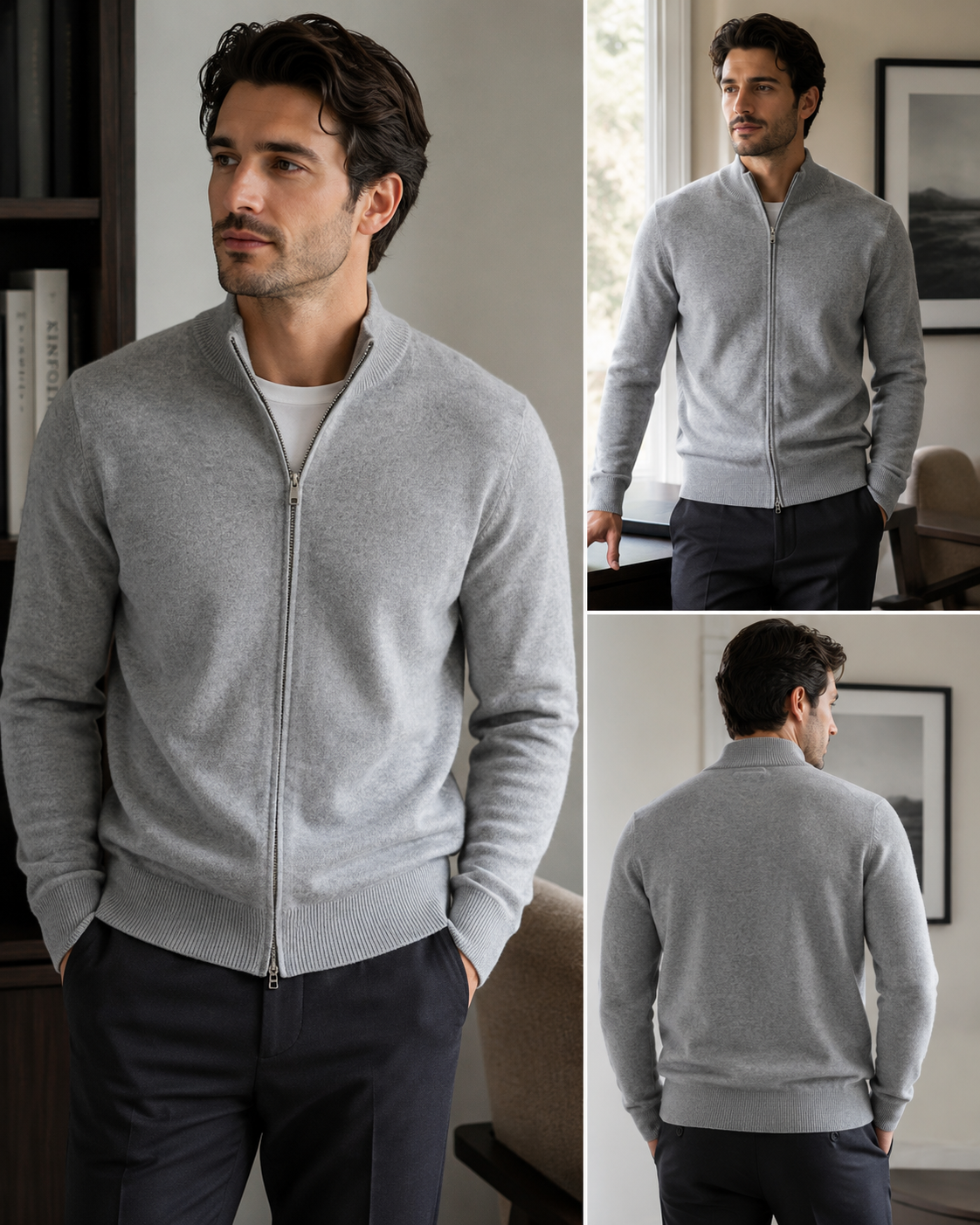 Men’s Zip-Up Knit Cardigan - 100% Goat Cashmere Wool
