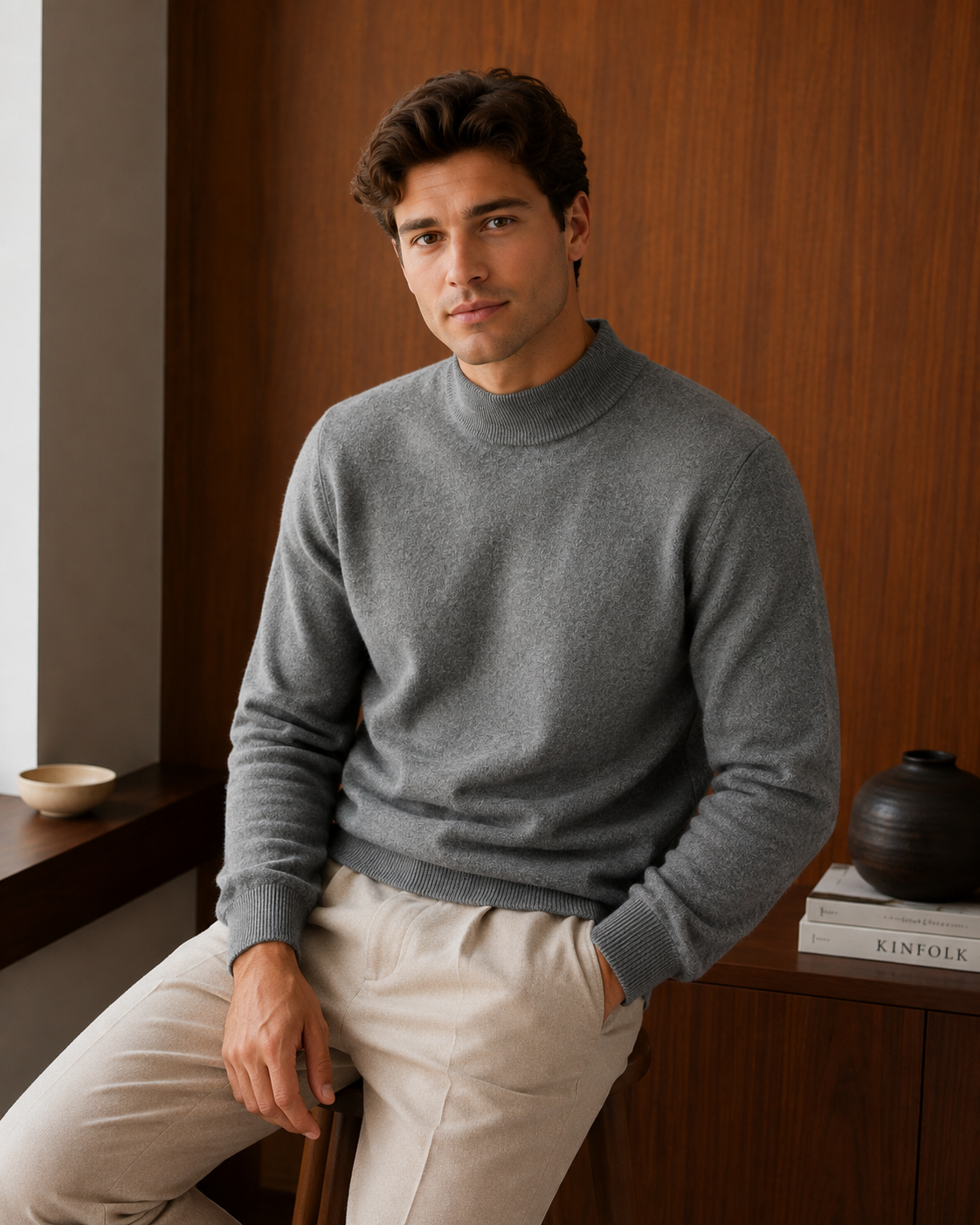 Men’s Premium Mock Neck Knit Sweater – Soft Touch Ribbed Jumper