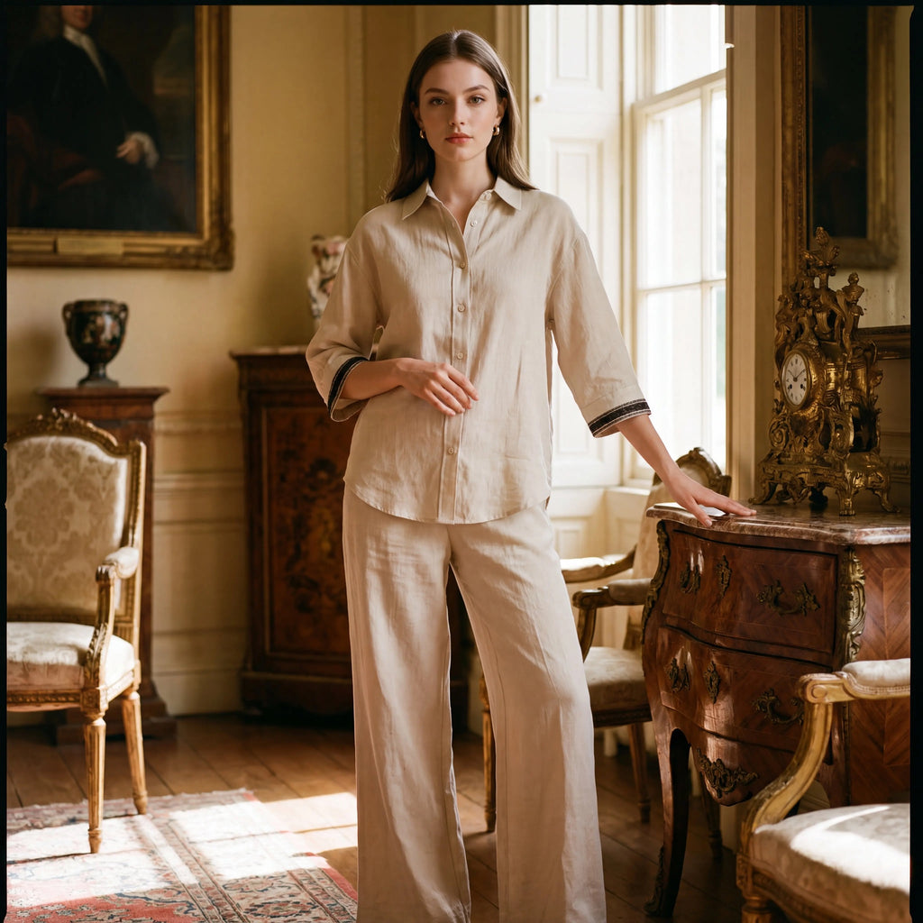 Women’s Linen Co-Ord Set Relaxed Shirt & Wide Leg Trouser – Beige