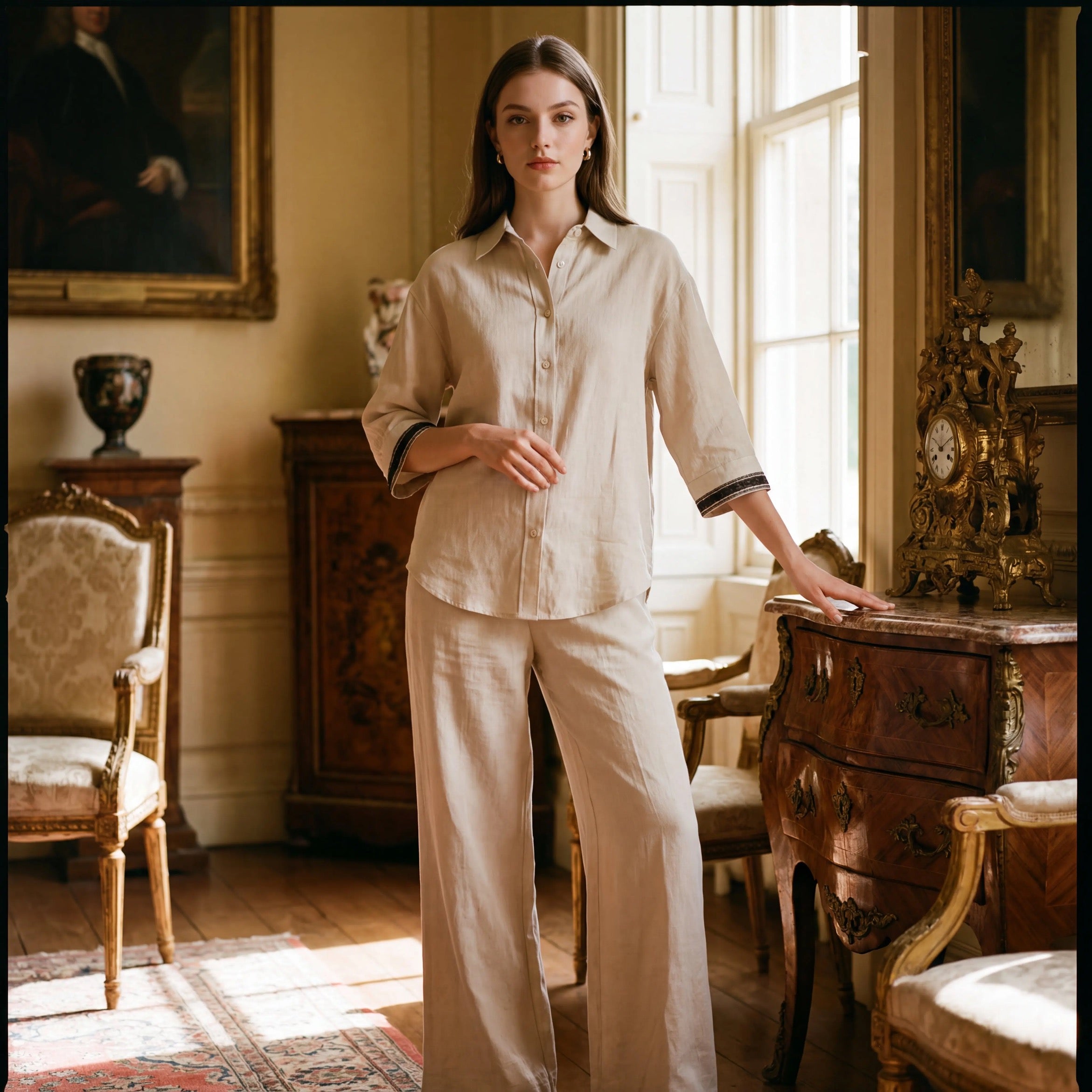 Women’s Linen Co-Ord Set Relaxed Shirt & Wide Leg Trouser – Beige