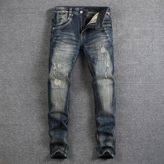 Retro Design Fashion Mens Jeans High Quality Nostalgia Wash Slim Fit Denim Ripped Jeans For Men Brand Streetwear Biker Jeans rrkcq5-sy.myshopify.com