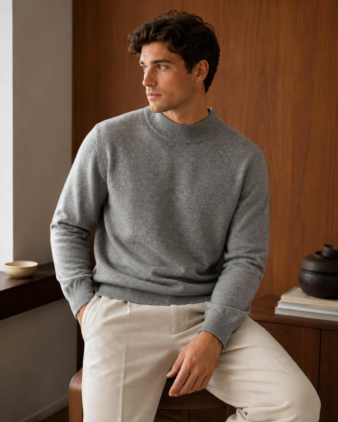 Men’s Premium Mock Neck Knit Sweater – Soft Touch Ribbed Jumper