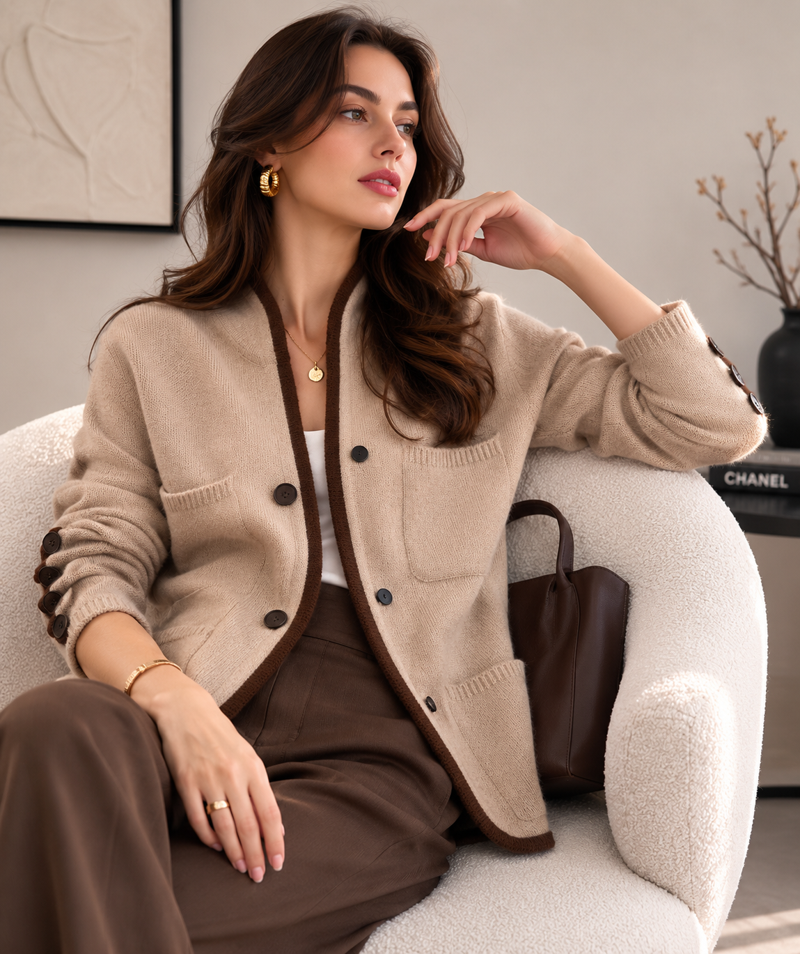 Women’s Contrast Trim Knit Cardigan – Premium Button Front