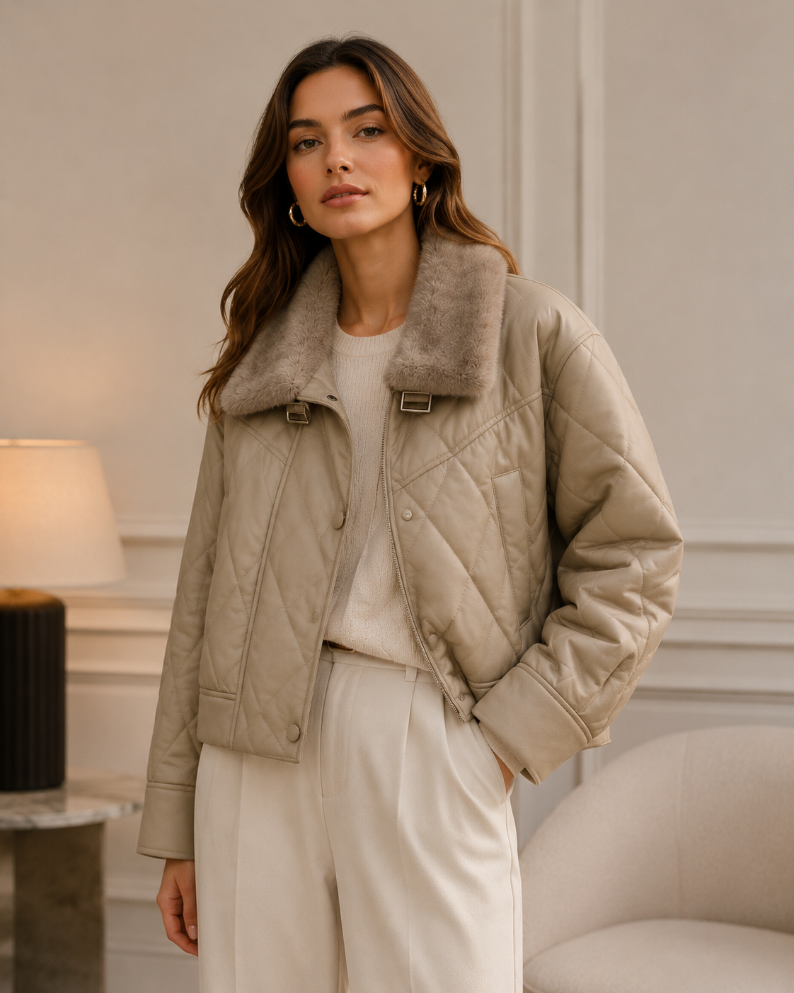 Women's Premium Leather Jacket with Fur Collar - Sheepskin Quilted