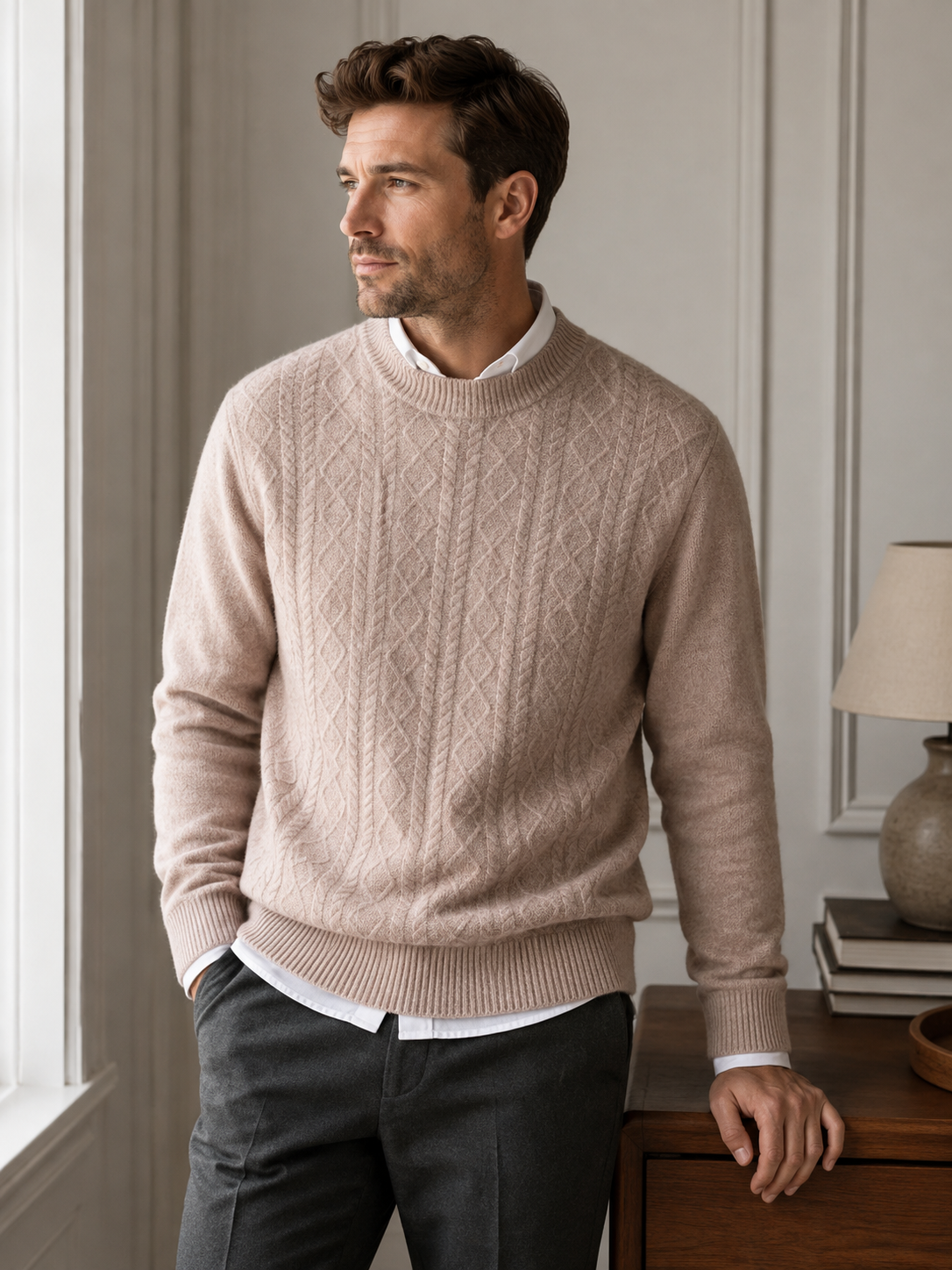 Men’s Cable Knit Sweater-100% Merino Wool