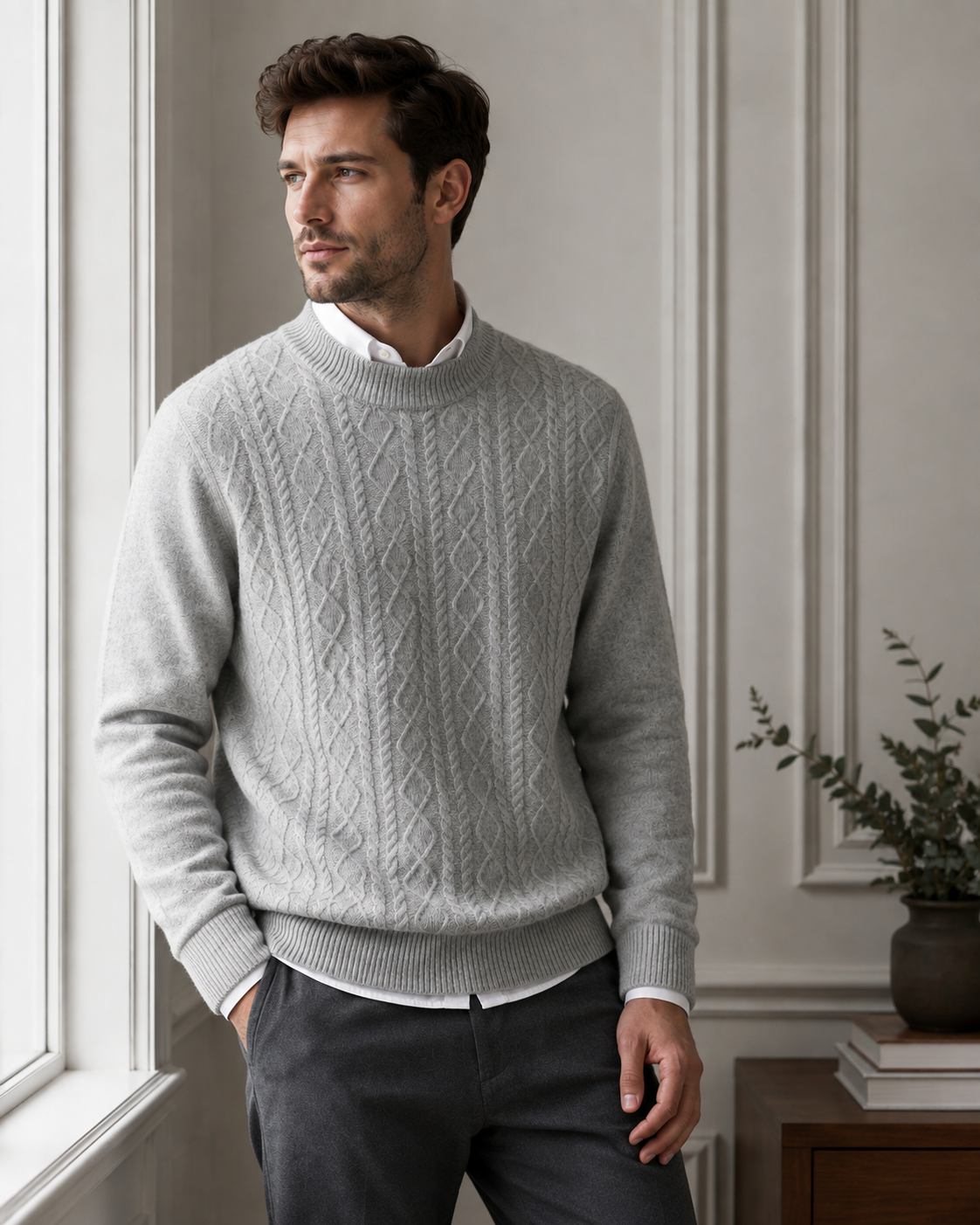 Men’s Cable Knit Sweater-100% Merino Wool