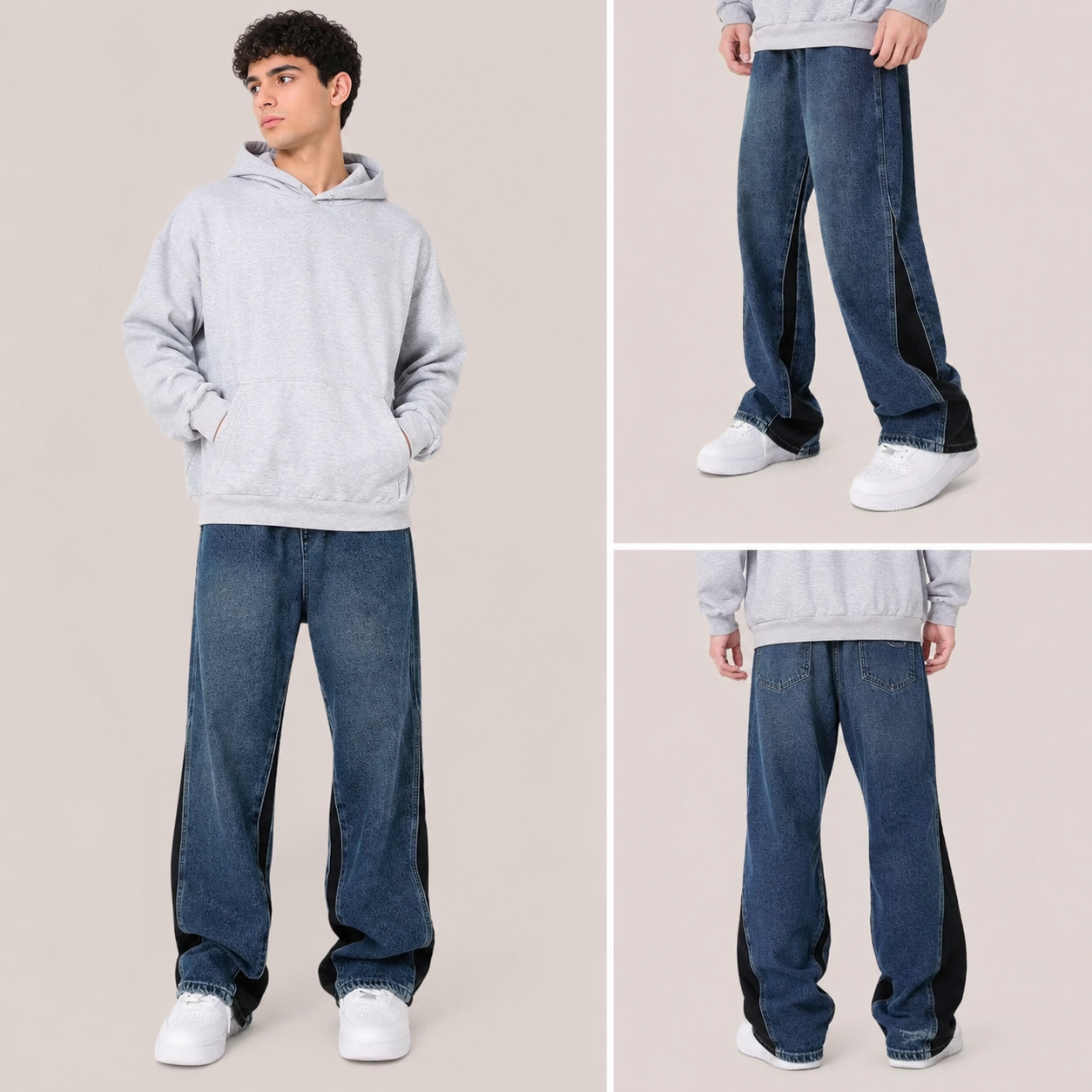 Men’s Oversized Panel Baggy Jeans – Streetwear Wide Leg Denim Pants