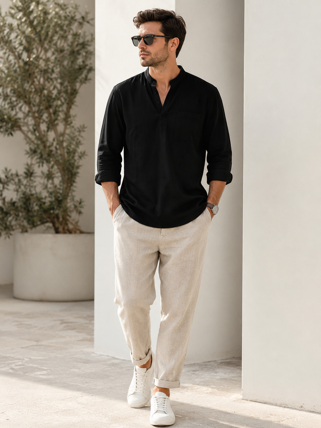 Men’s Mandarin Collar Shirt & Linen Trouser Set | Mix & Match Outfit