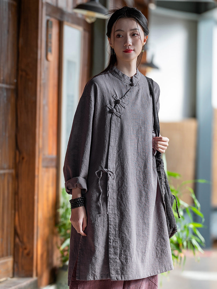 Cotton and linen women's clothing ramie sand washing plate buckle side collar tied rope retro robe children's style Zen tea costume