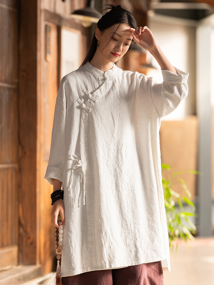 Cotton and linen women's clothing ramie sand washing plate buckle side collar tied rope retro robe children's style Zen tea costume