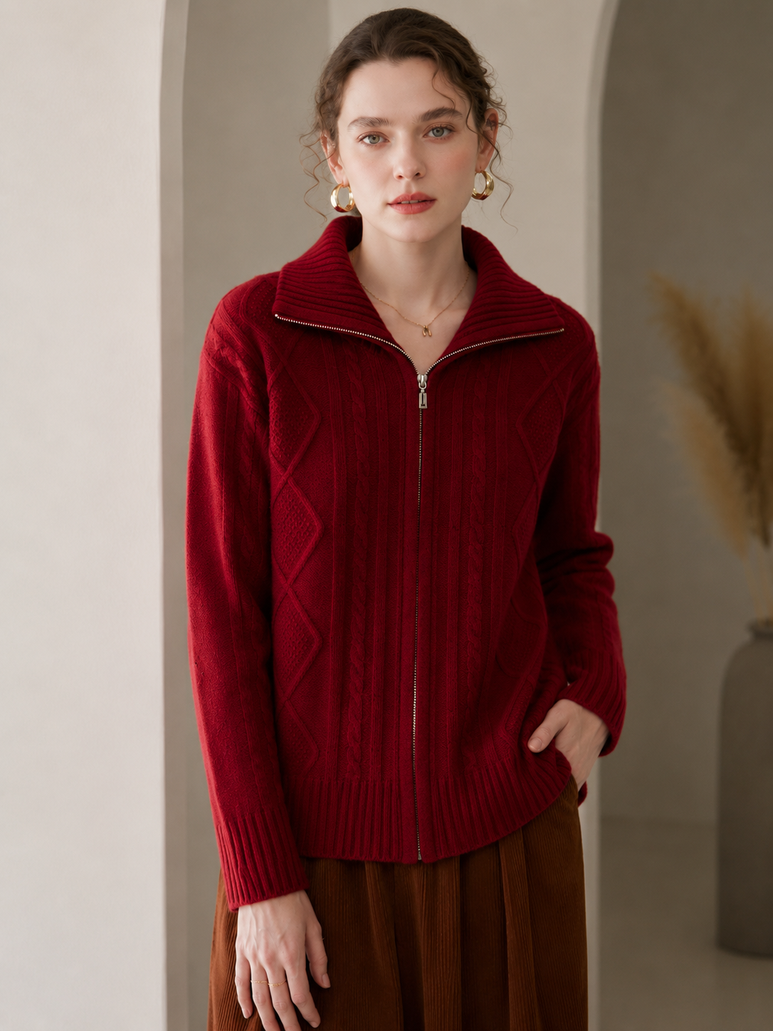 Women’s Premium Zip Cardigan – Cable Knit Winter Sweater