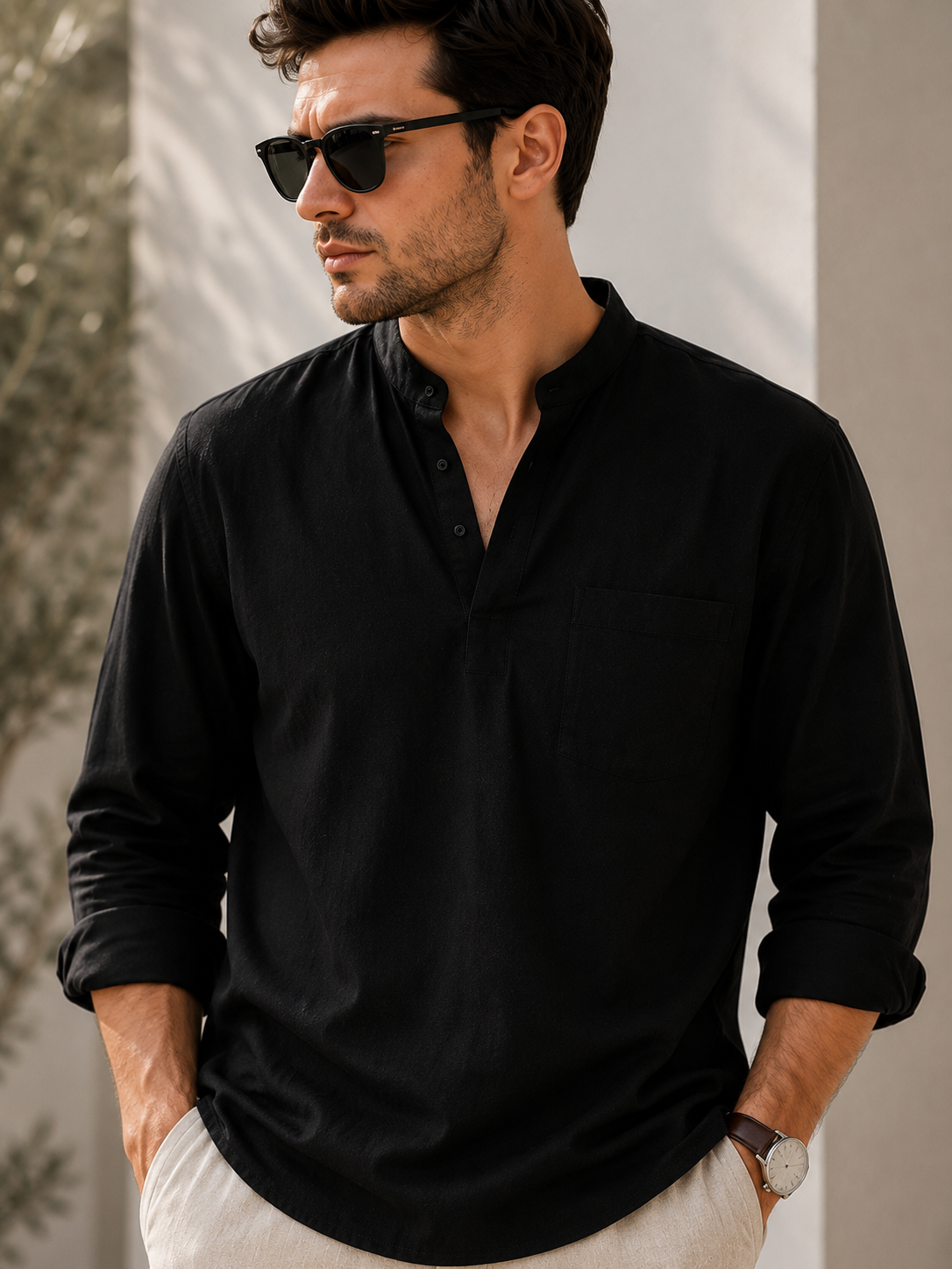 Men’s Mandarin Collar Shirt & Linen Trouser Set | Mix & Match Outfit