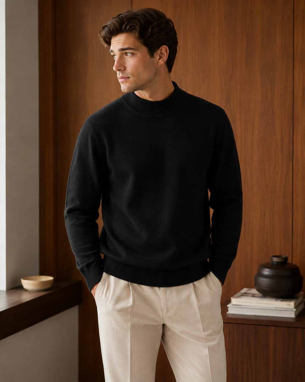 Men’s Premium Mock Neck Knit Sweater – Soft Touch Ribbed Jumper