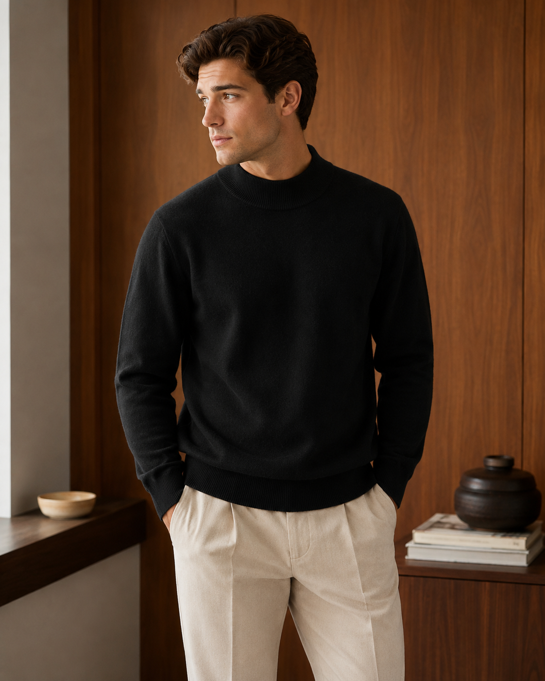 Men’s Premium Mock Neck Knit Sweater – Soft Touch Ribbed Jumper
