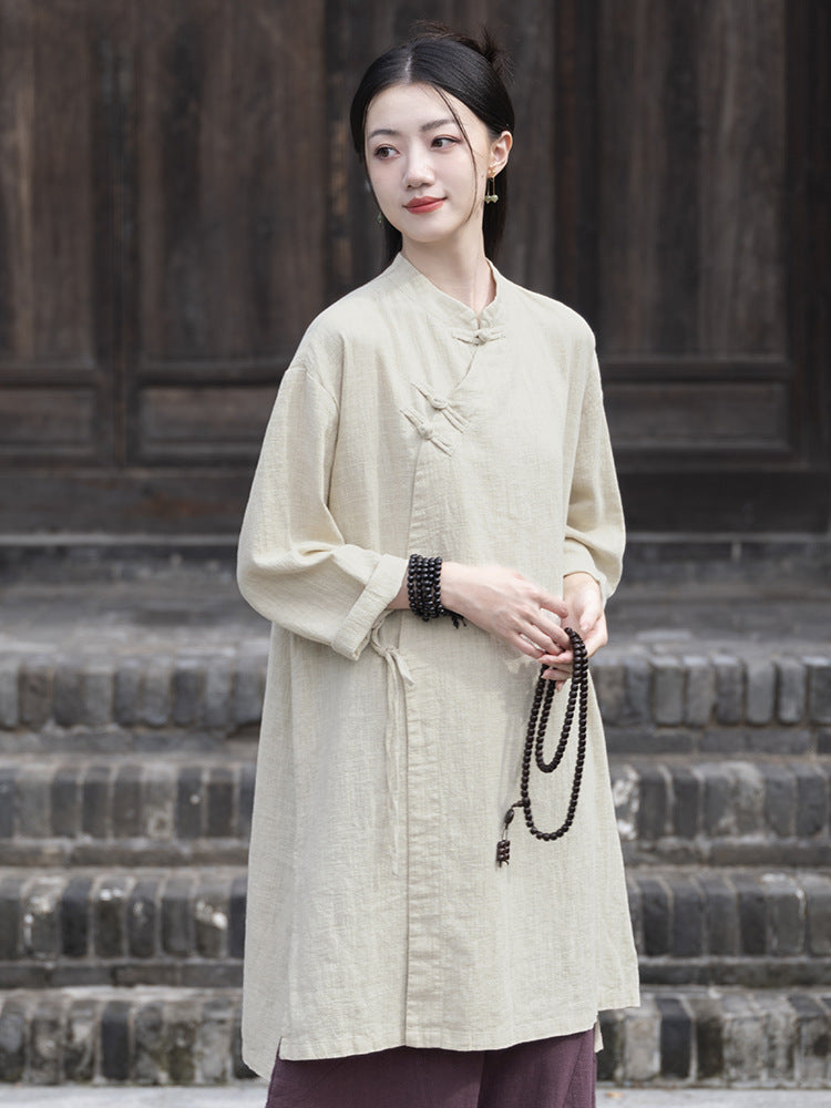 Cotton and linen women's clothing ramie sand washing plate buckle side collar tied rope retro robe children's style Zen tea costume