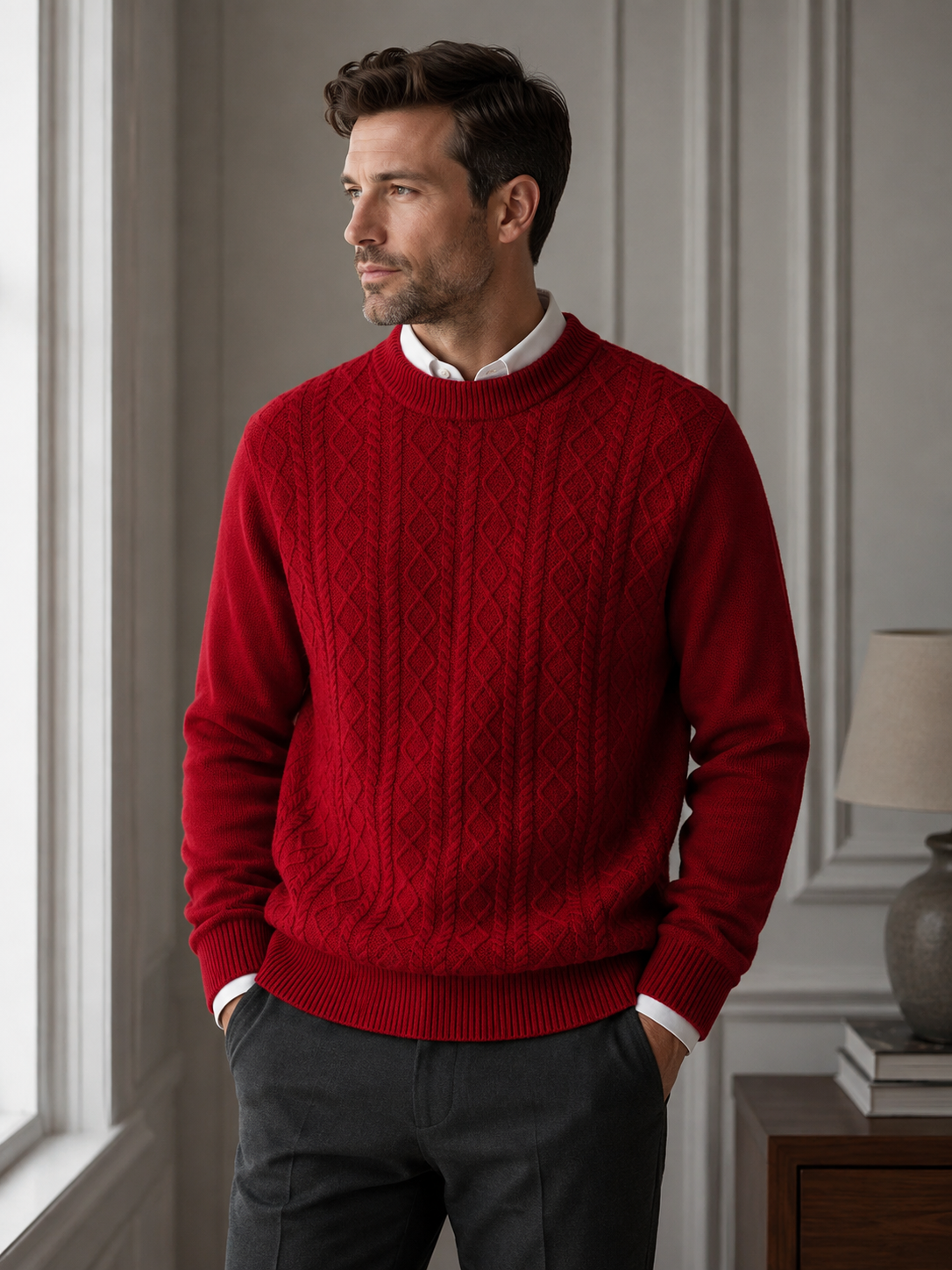 Men’s Cable Knit Sweater-100% Merino Wool