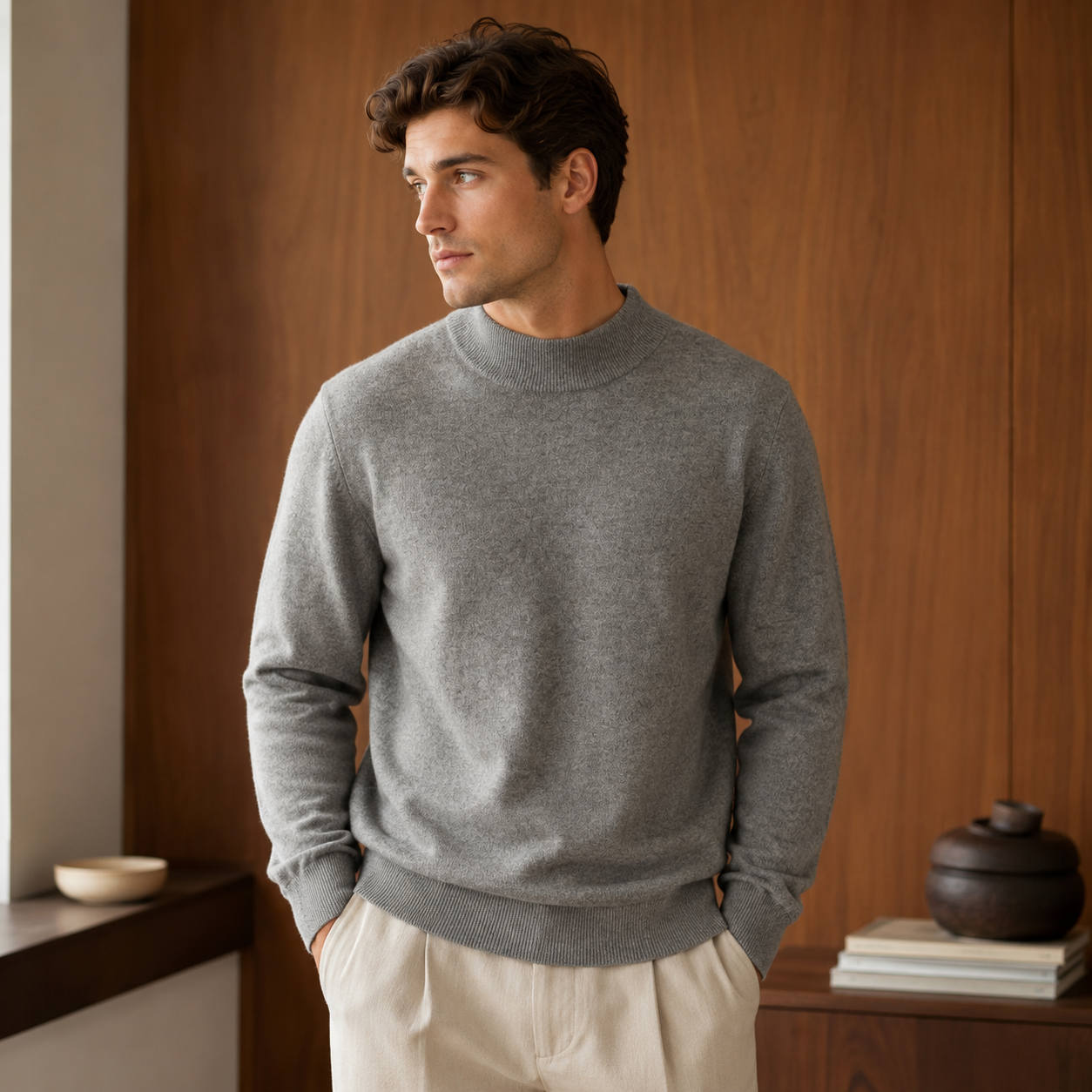 Men’s Premium Mock Neck Knit Sweater – Soft Touch Ribbed Jumper