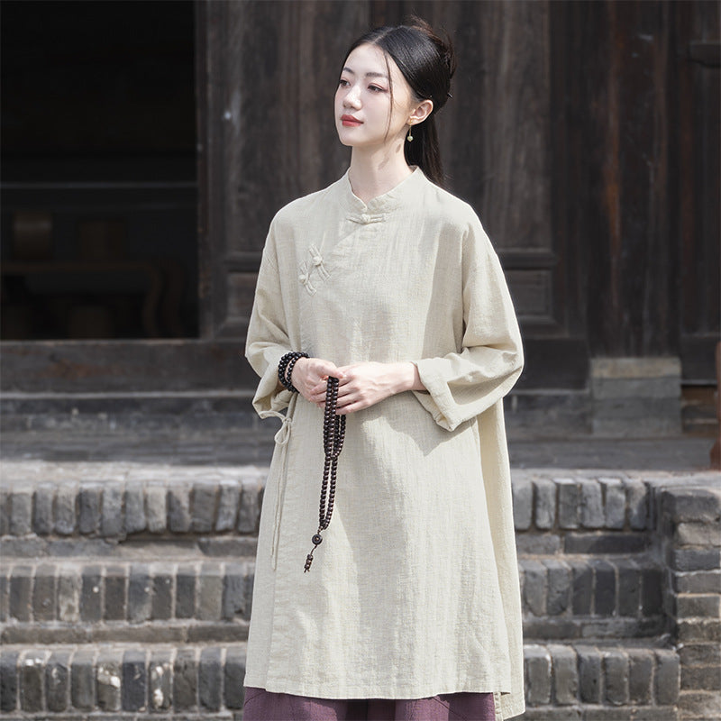 Cotton and linen women's clothing ramie sand washing plate buckle side collar tied rope retro robe children's style Zen tea costume