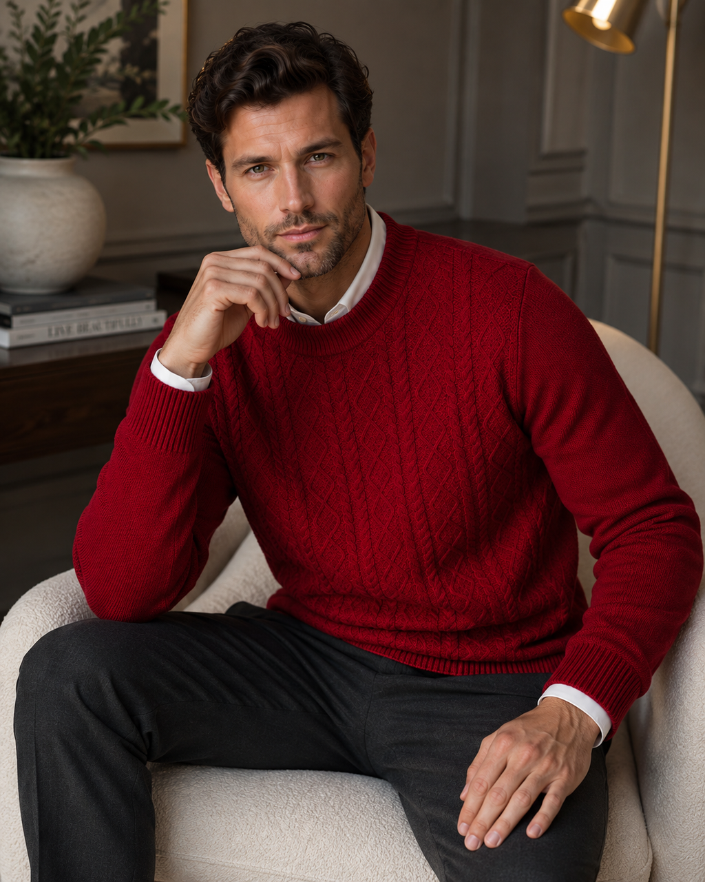 Men’s Cable Knit Sweater-100% Merino Wool