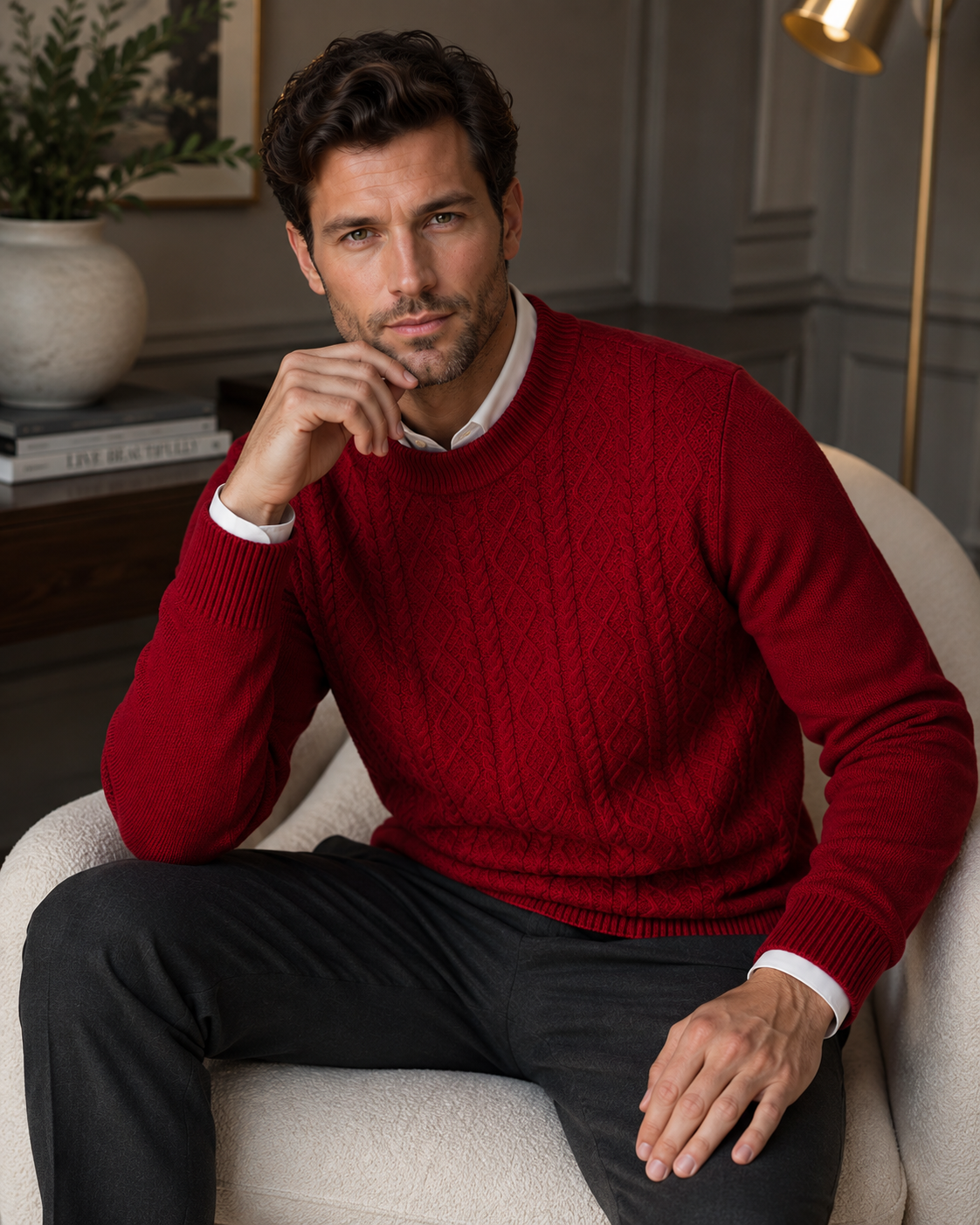 Men’s Cable Knit Sweater-100% Merino Wool