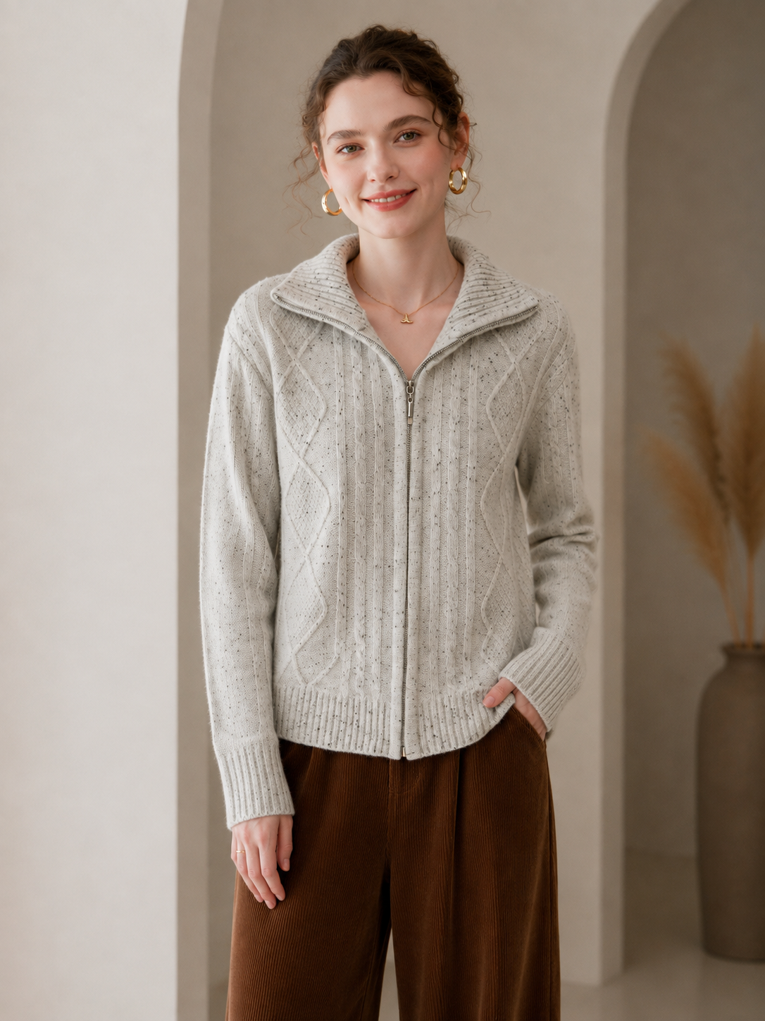 Women’s Premium Zip Cardigan – Cable Knit Winter Sweater
