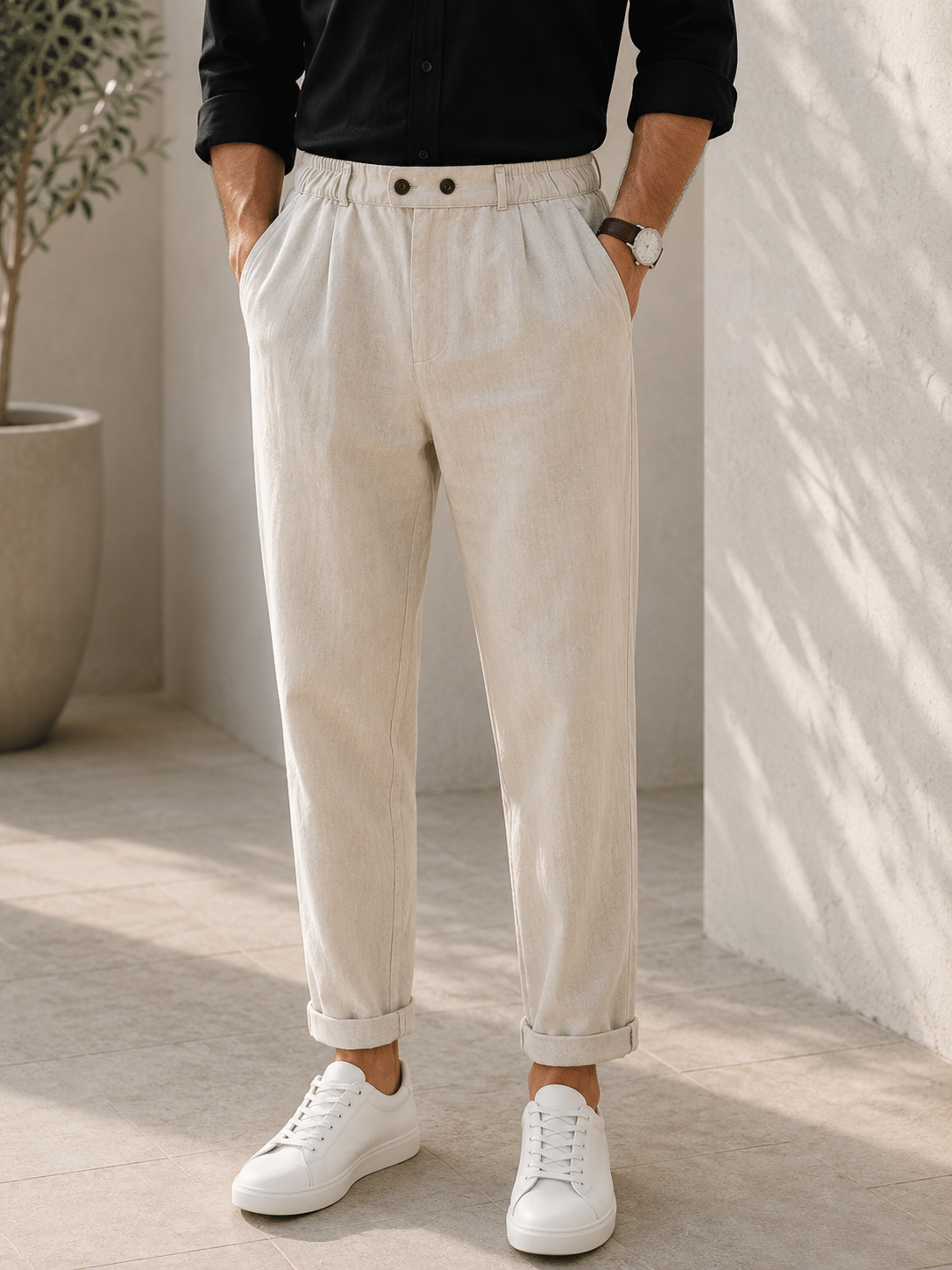 Men’s Mandarin Collar Shirt & Linen Trouser Set | Mix & Match Outfit