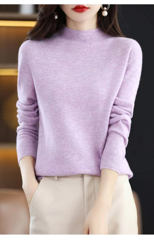 Seamless one-piece ready to wear garment with semi high neck pure wool sweater women's long sleeved knitted base sweater