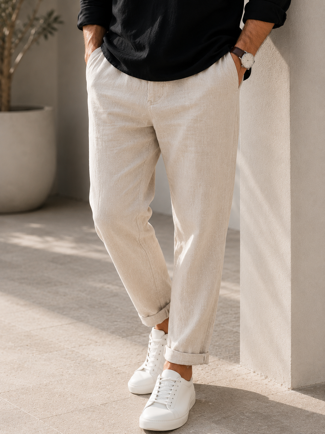Men’s Mandarin Collar Shirt & Linen Trouser Set | Mix & Match Outfit