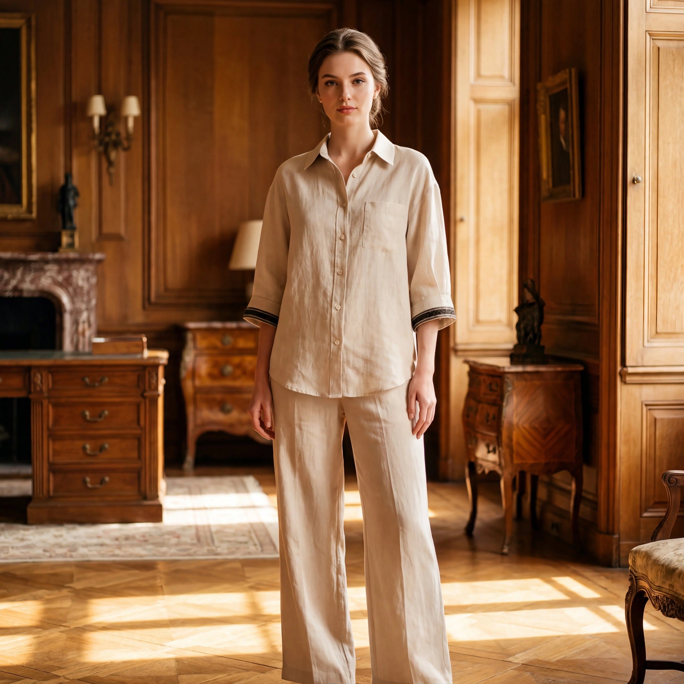 Women’s Linen Co-Ord Set Relaxed Shirt & Wide Leg Trouser – Beige