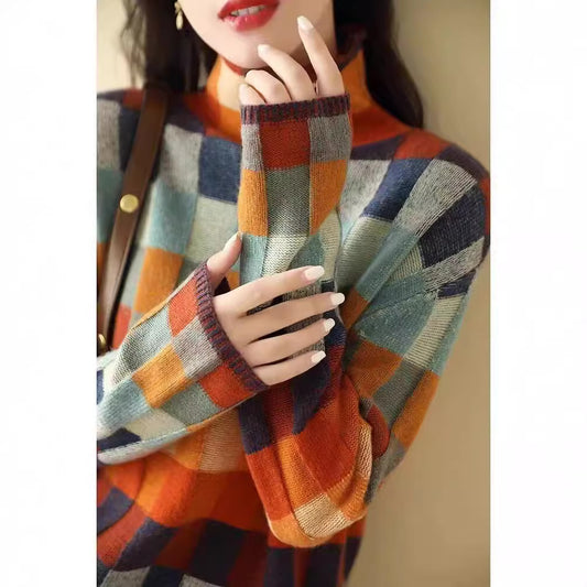 Autumn and winter high neck lazy slimming plaid sweater