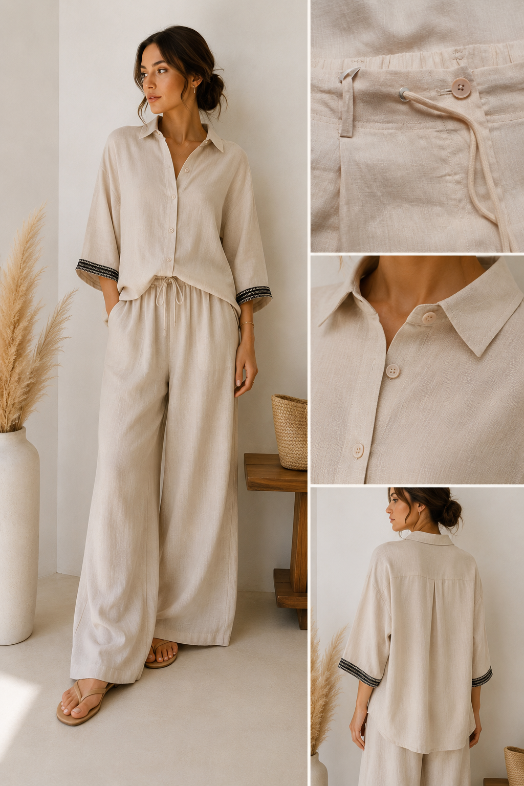 Women’s Linen Co-Ord Set Relaxed Shirt & Wide Leg Trouser – Beige