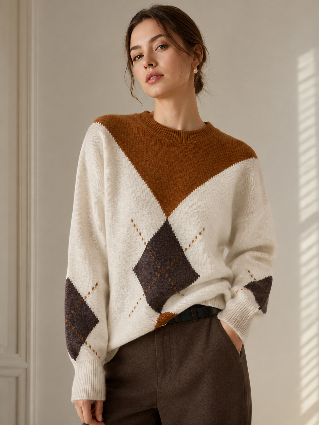 Women’s Argyle Knit Sweater-100% Cashmere
