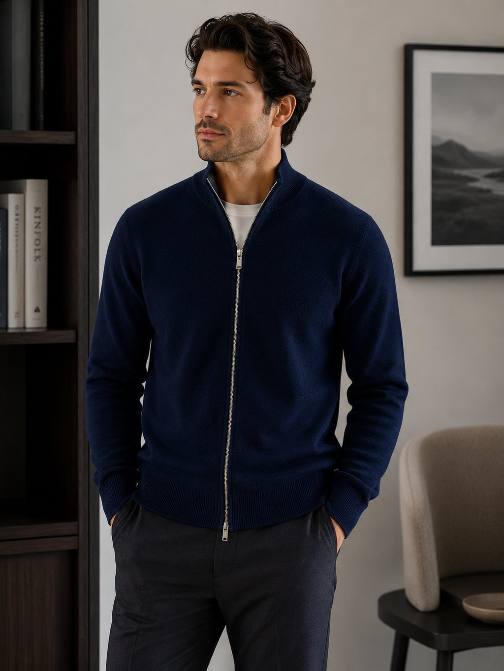 Men’s Zip-Up Knit Cardigan - 100% Goat Cashmere Wool