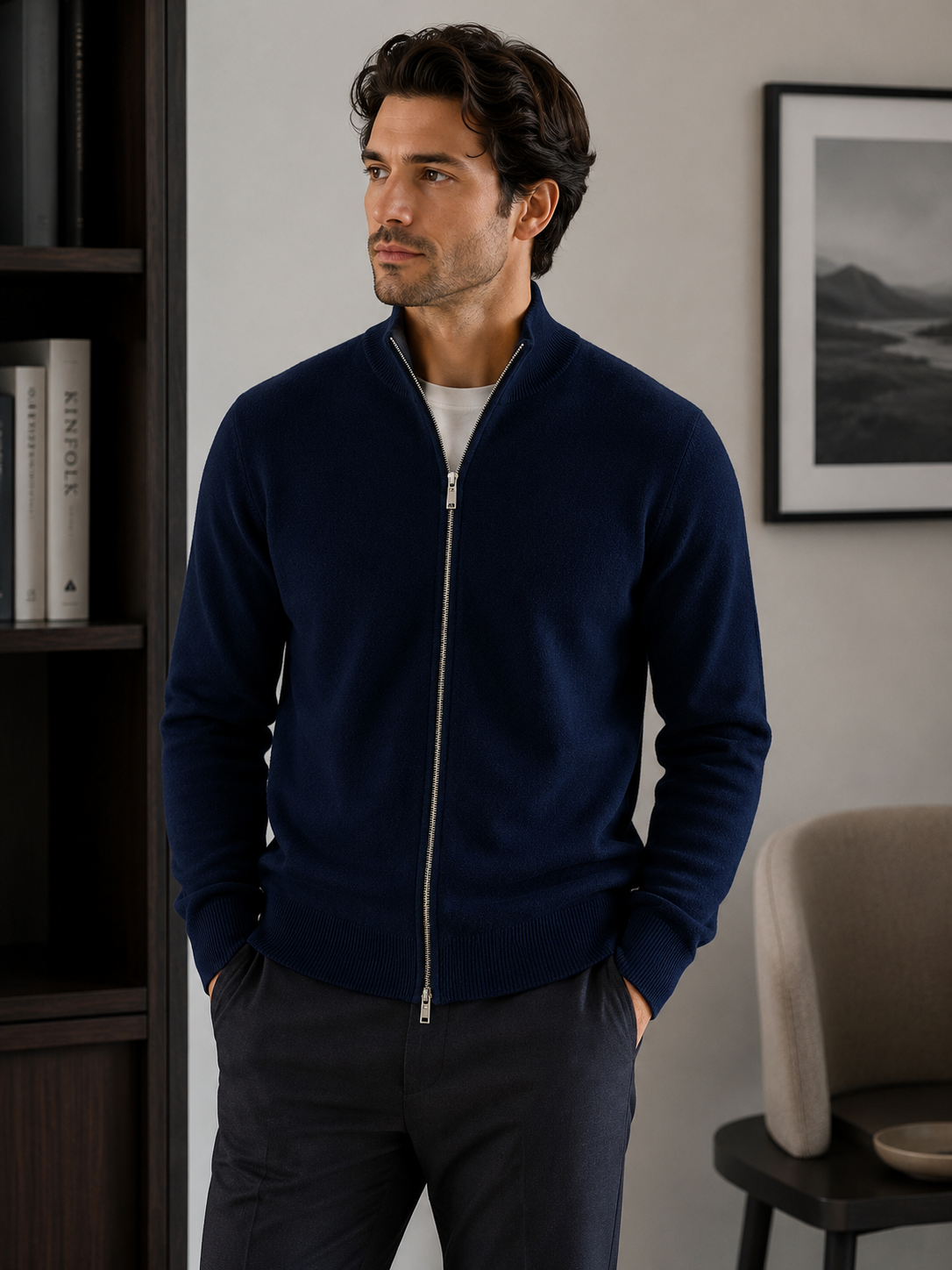 Men’s Zip-Up Knit Cardigan - 100% Goat Cashmere Wool