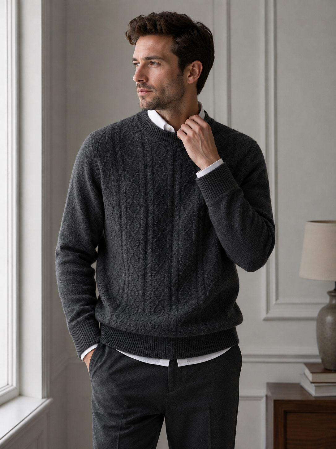 Men’s Cable Knit Sweater-100% Merino Wool