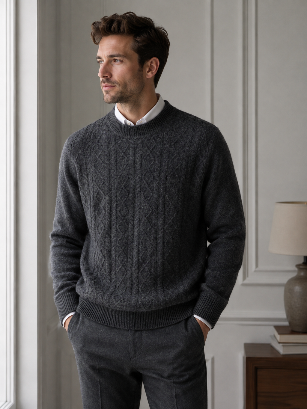Men’s Cable Knit Sweater-100% Merino Wool