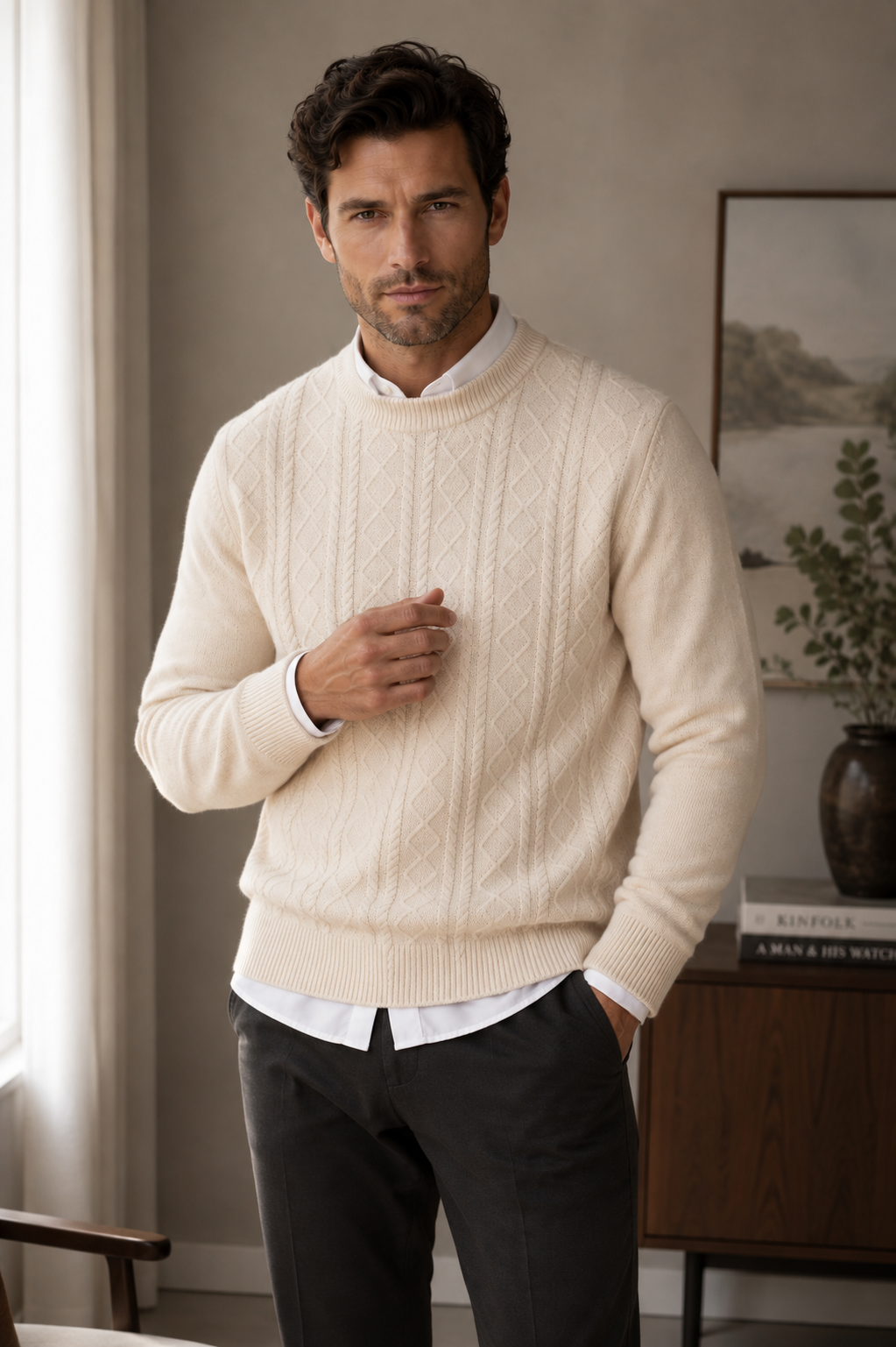 Men’s Cable Knit Sweater-100% Merino Wool