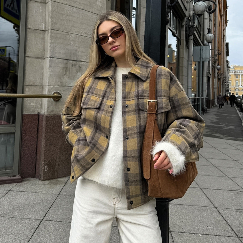 Checkered wool coat women's retro loose woolen coat rrkcq5-sy.myshopify.com