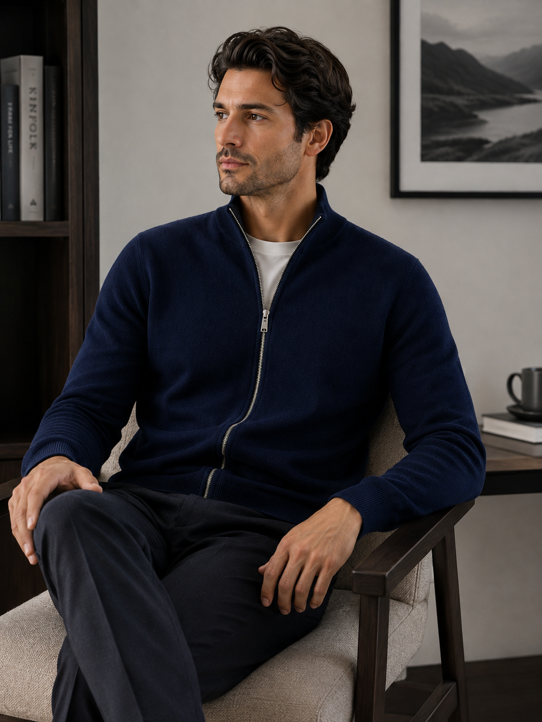 Men’s Zip-Up Knit Cardigan - 100% Goat Cashmere Wool