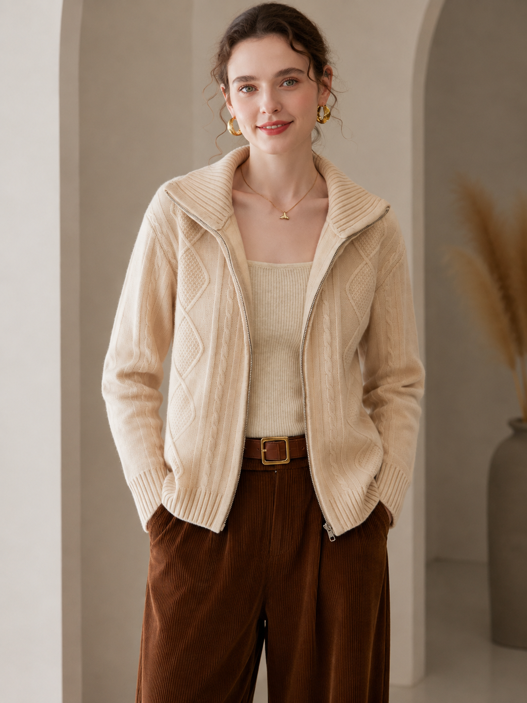 Women’s Premium Zip Cardigan – Cable Knit Winter Sweater