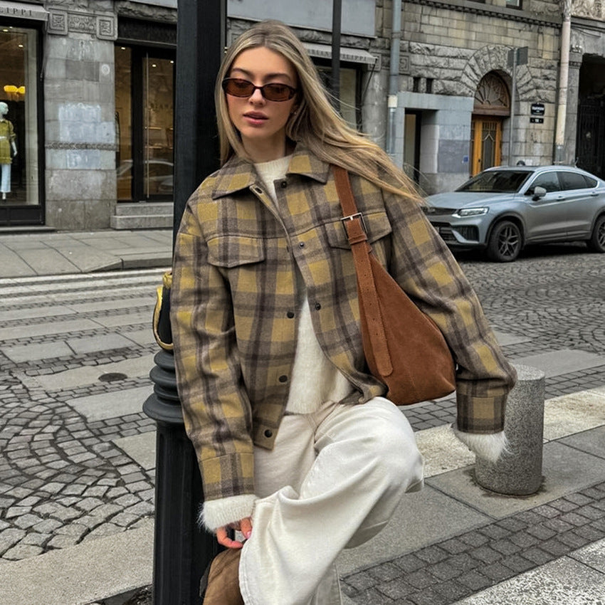 Checkered wool coat women's retro loose woolen coat rrkcq5-sy.myshopify.com