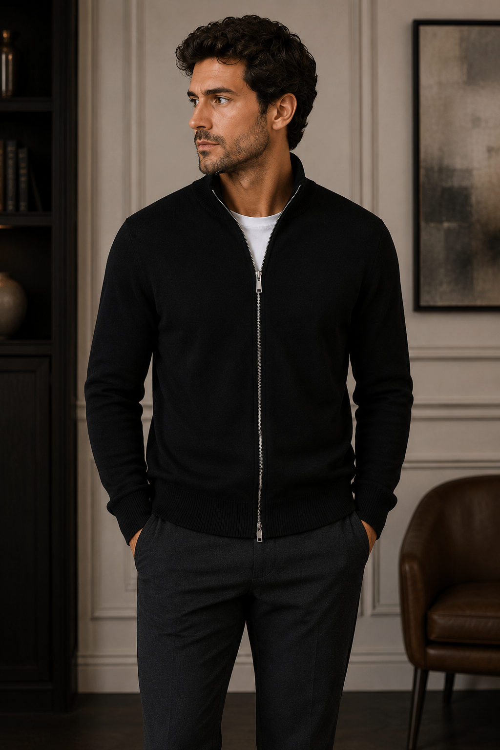 Men’s Zip-Up Knit Cardigan - 100% Goat Cashmere Wool