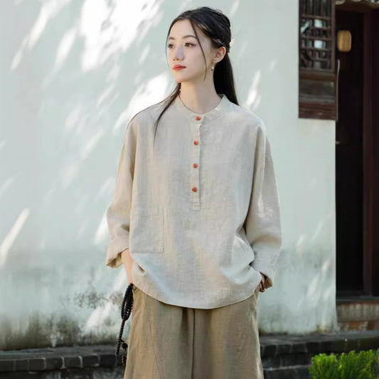 Cotton and linen women's stand up collar color blocked pan button pullover plus size top women's cotton and linen shirt