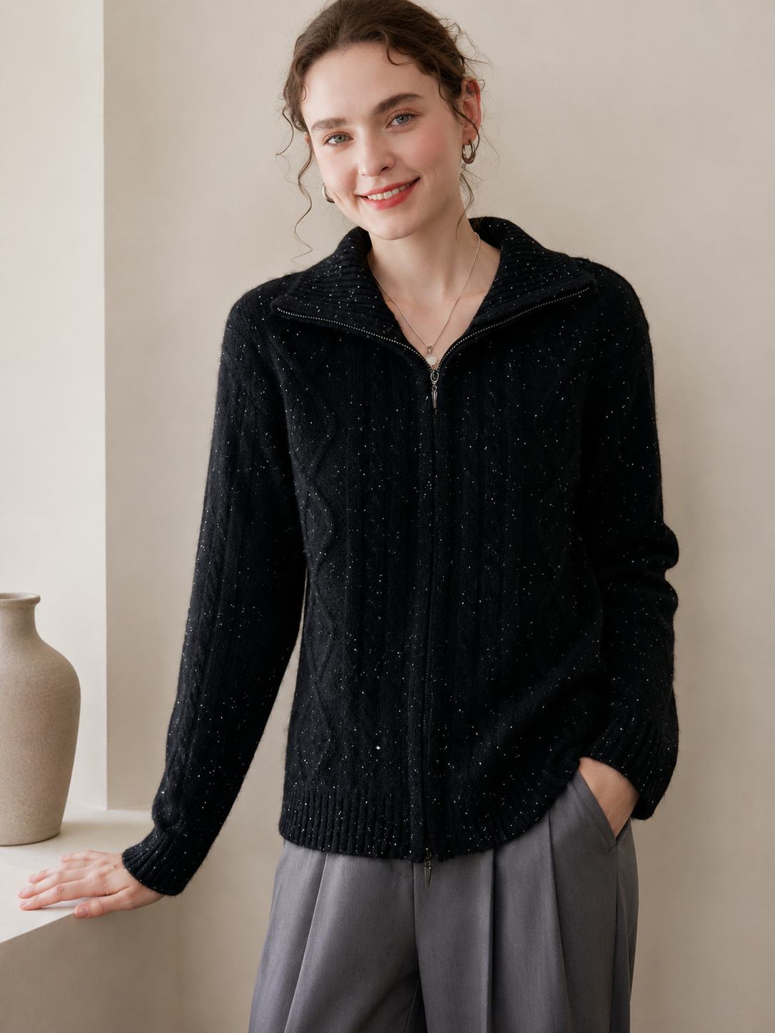 Women’s Premium Zip Cardigan – Cable Knit Winter Sweater