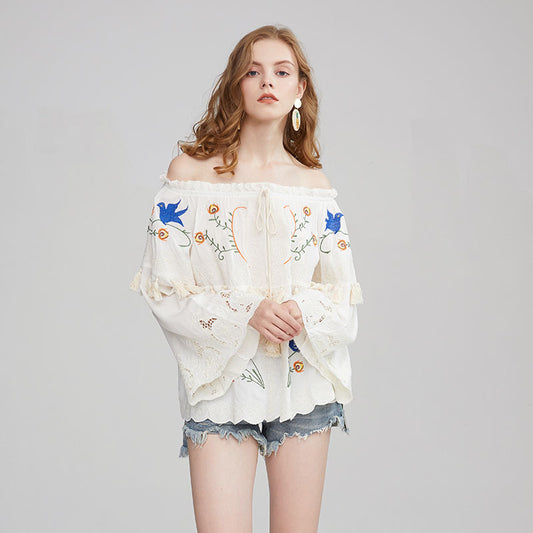 Flower embroidery hollow tassel one shoulder big trumpet sleeve shirt top