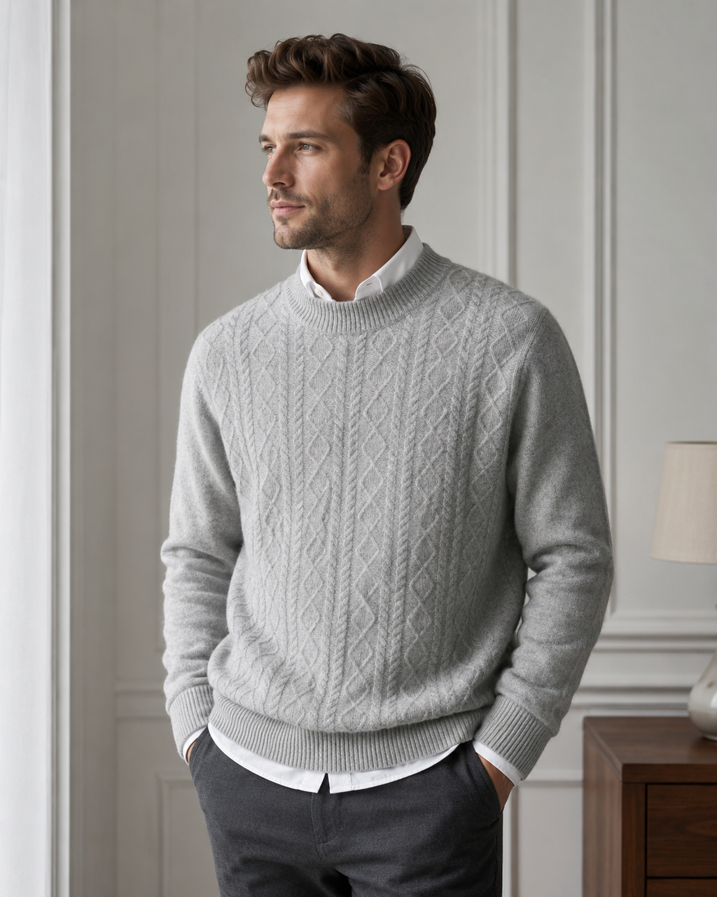 Men’s Cable Knit Sweater-100% Merino Wool
