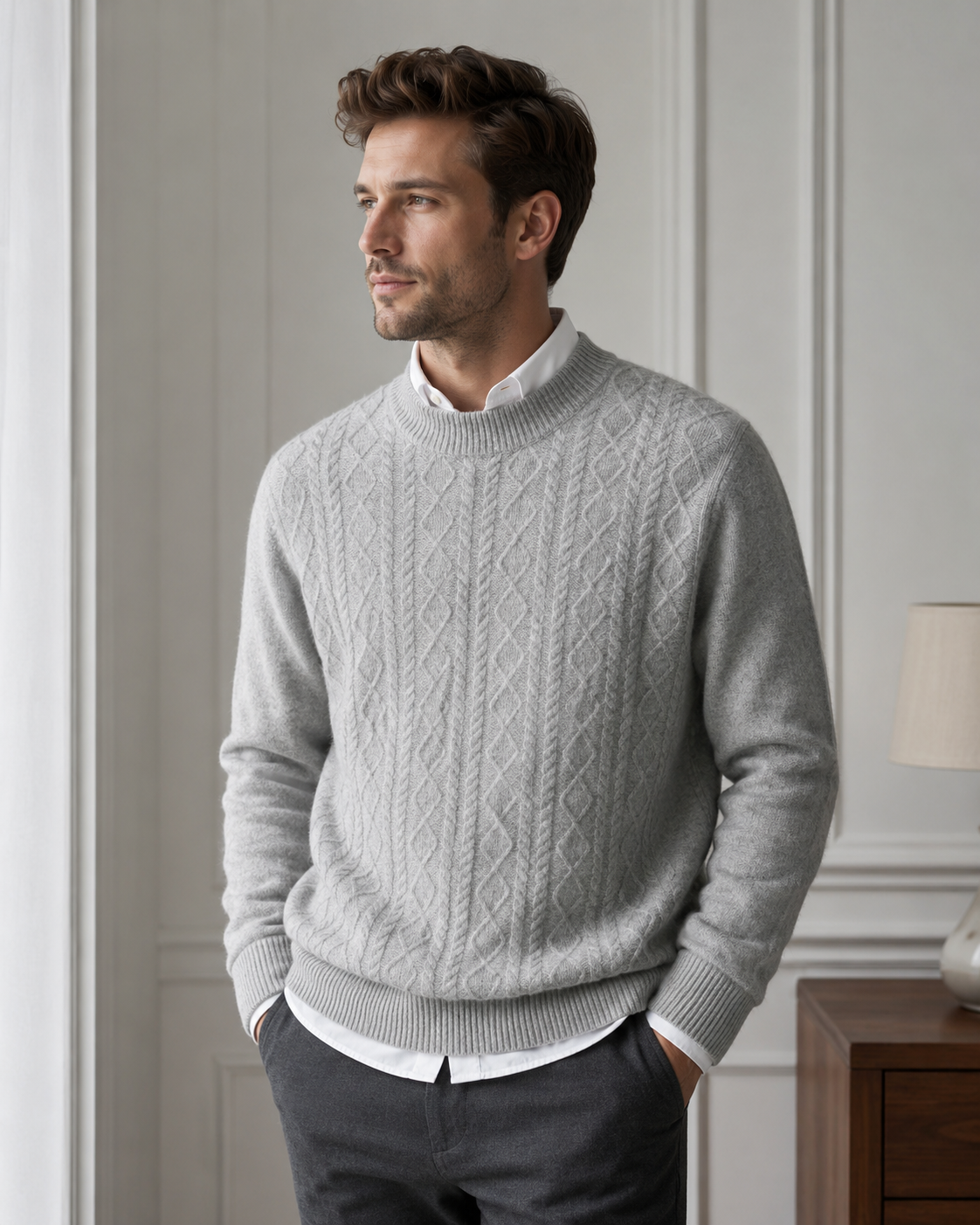 Men’s Cable Knit Sweater-100% Merino Wool