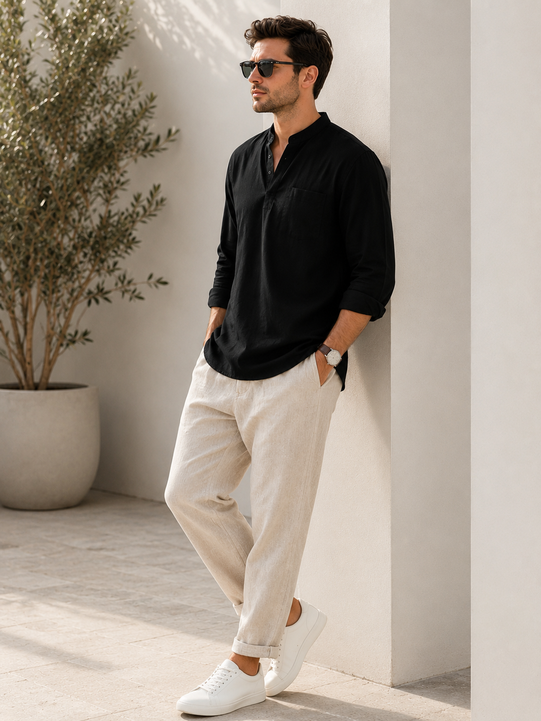 Men’s Mandarin Collar Shirt & Linen Trouser Set | Mix & Match Outfit