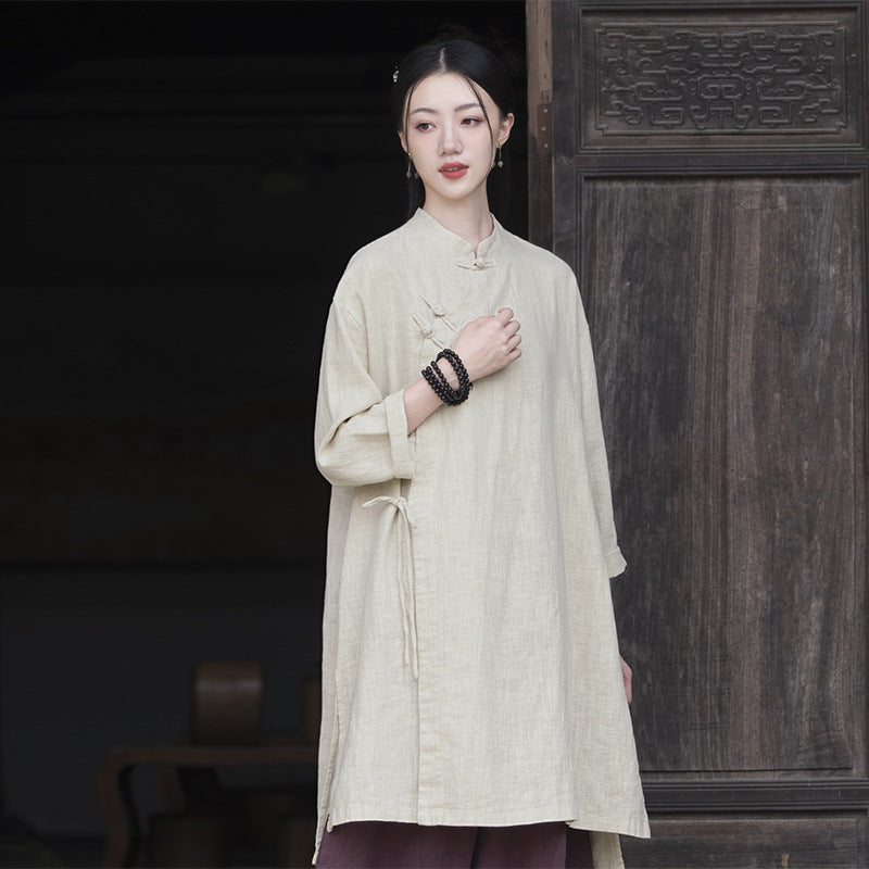 Cotton and linen women's clothing ramie sand washing plate buckle side collar tied rope retro robe children's style Zen tea costume