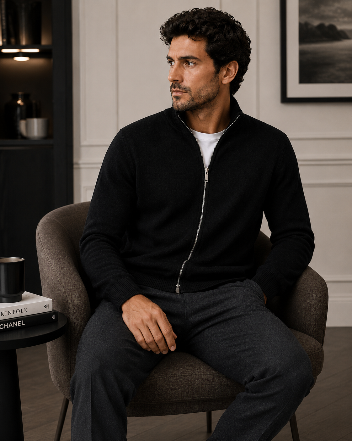 Men’s Zip-Up Knit Cardigan - 100% Goat Cashmere Wool